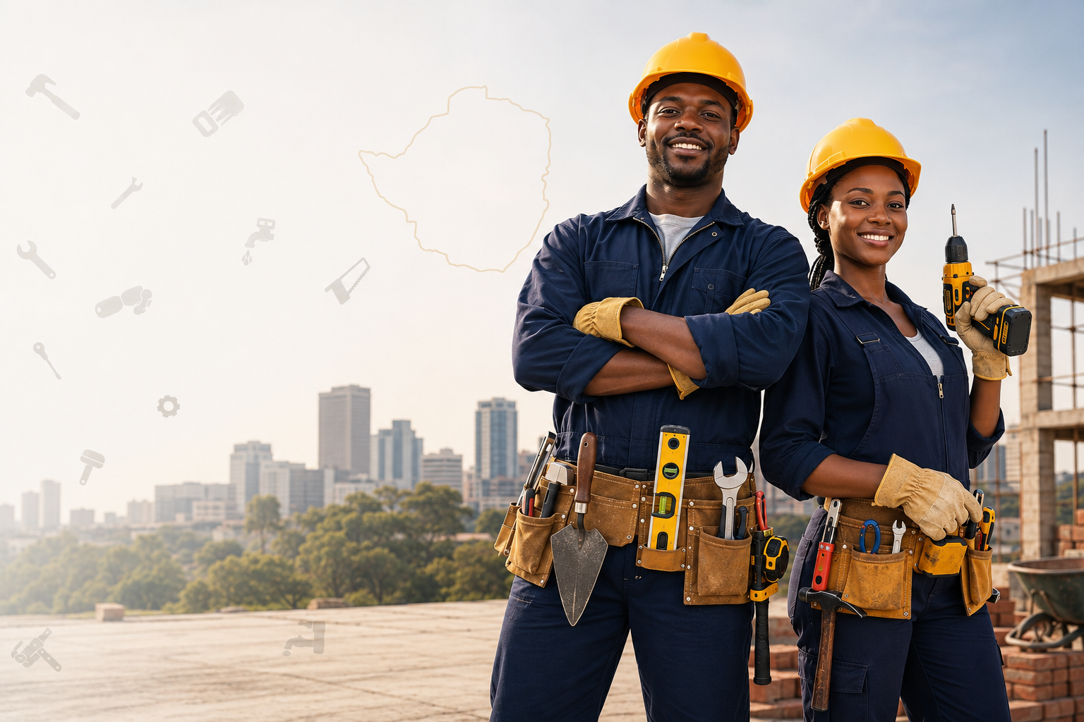 Verified tradespeople ready to work, Harare skyline behind them